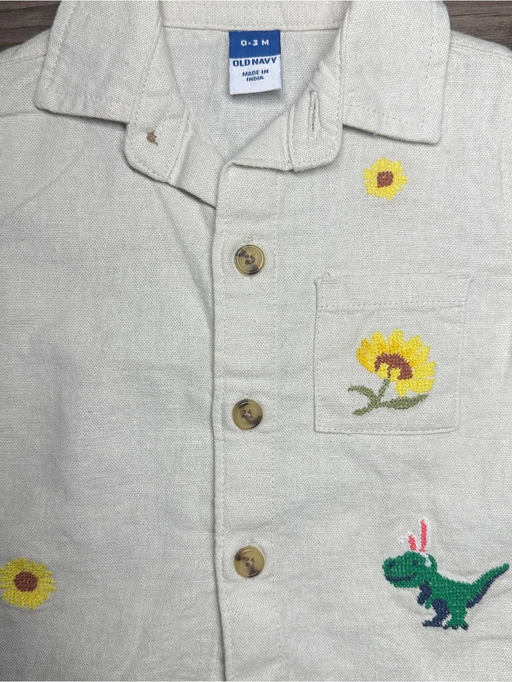 Old Navy Cream Button Down 3M Shirt Yellow Sunflower & Green Dino Embroidery